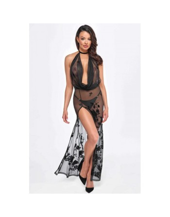 F312 Divinity long flocked mesh dress with open back